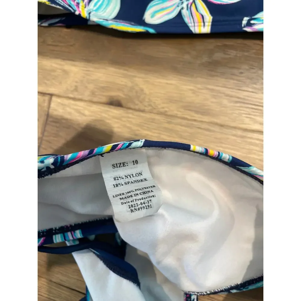Kanu Girls 2 Piece Swimsuit Blue Floral Sz10 Cross Back Halter Matching Bottoms